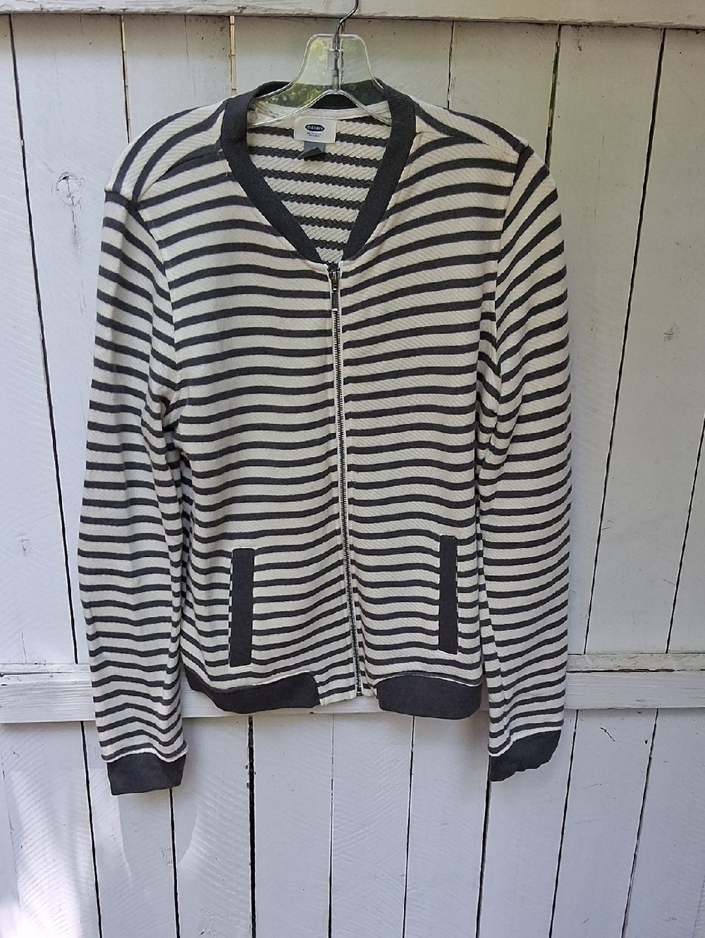 Old Navy Cream and Grey Striped Zip-Up Sweatshirt